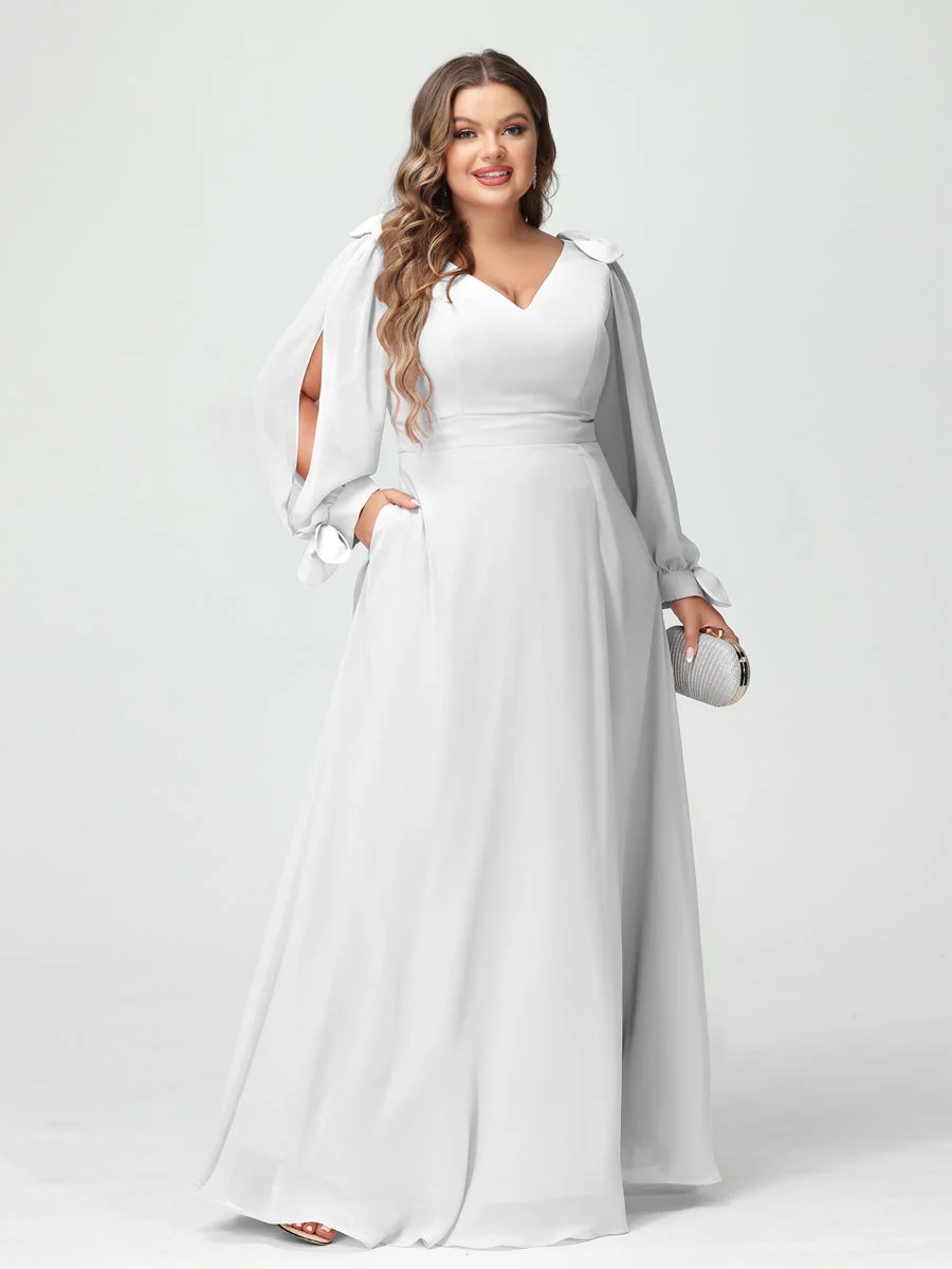 A-Line/Princess V-Neck Long Sleeves Chiffon Split Side Plus Size Bridesmaid Dresses with Pockets - Image 19