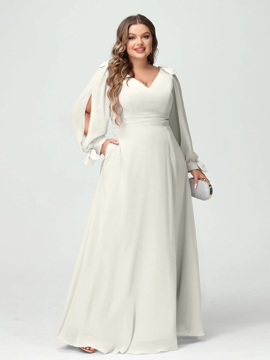 A-Line/Princess V-Neck Long Sleeves Chiffon Split Side Plus Size Bridesmaid Dresses with Pockets - Image 20