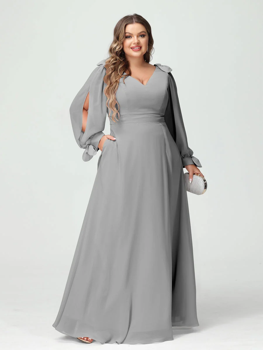 A-Line/Princess V-Neck Long Sleeves Chiffon Split Side Plus Size Bridesmaid Dresses with Pockets - Image 21