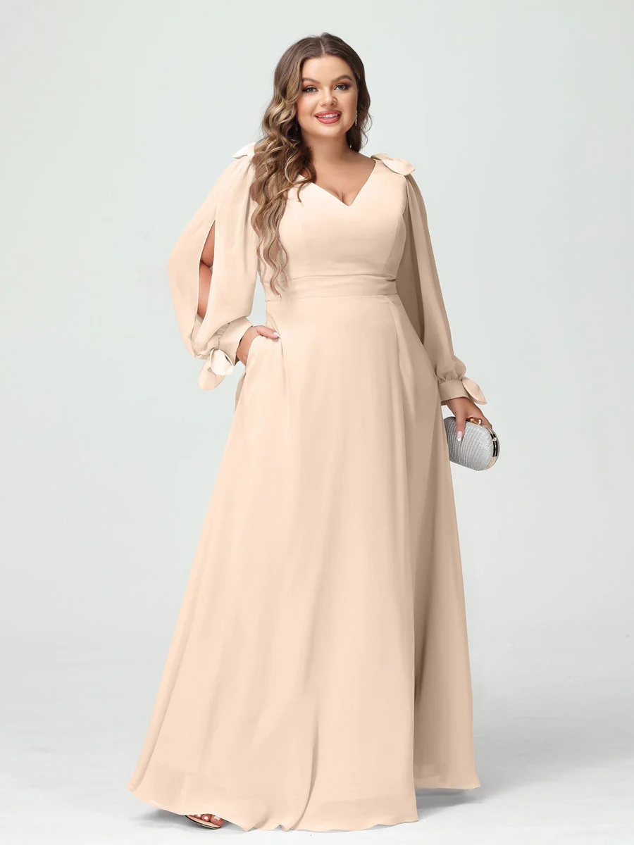 A-Line/Princess V-Neck Long Sleeves Chiffon Split Side Plus Size Bridesmaid Dresses with Pockets - Image 22