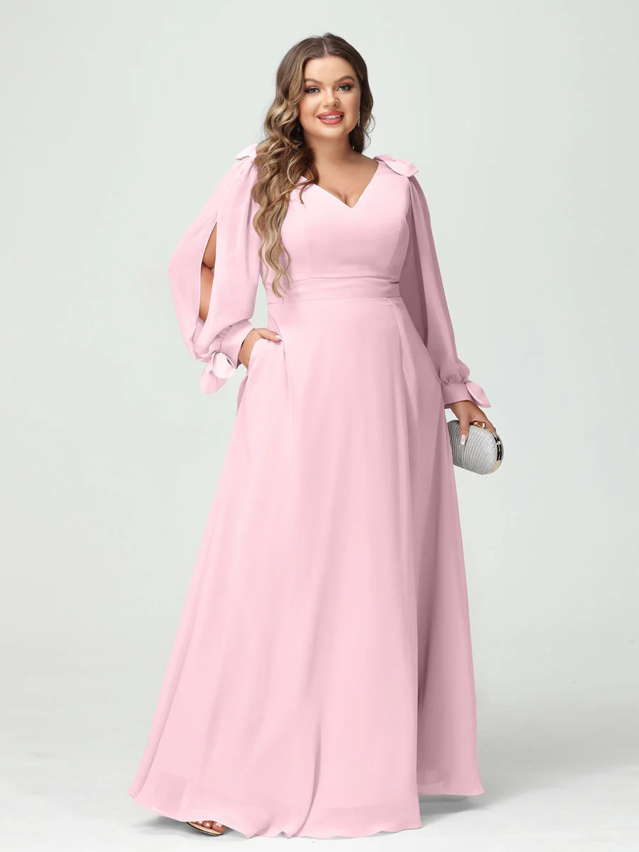 A-Line/Princess V-Neck Long Sleeves Chiffon Split Side Plus Size Bridesmaid Dresses with Pockets - Image 24