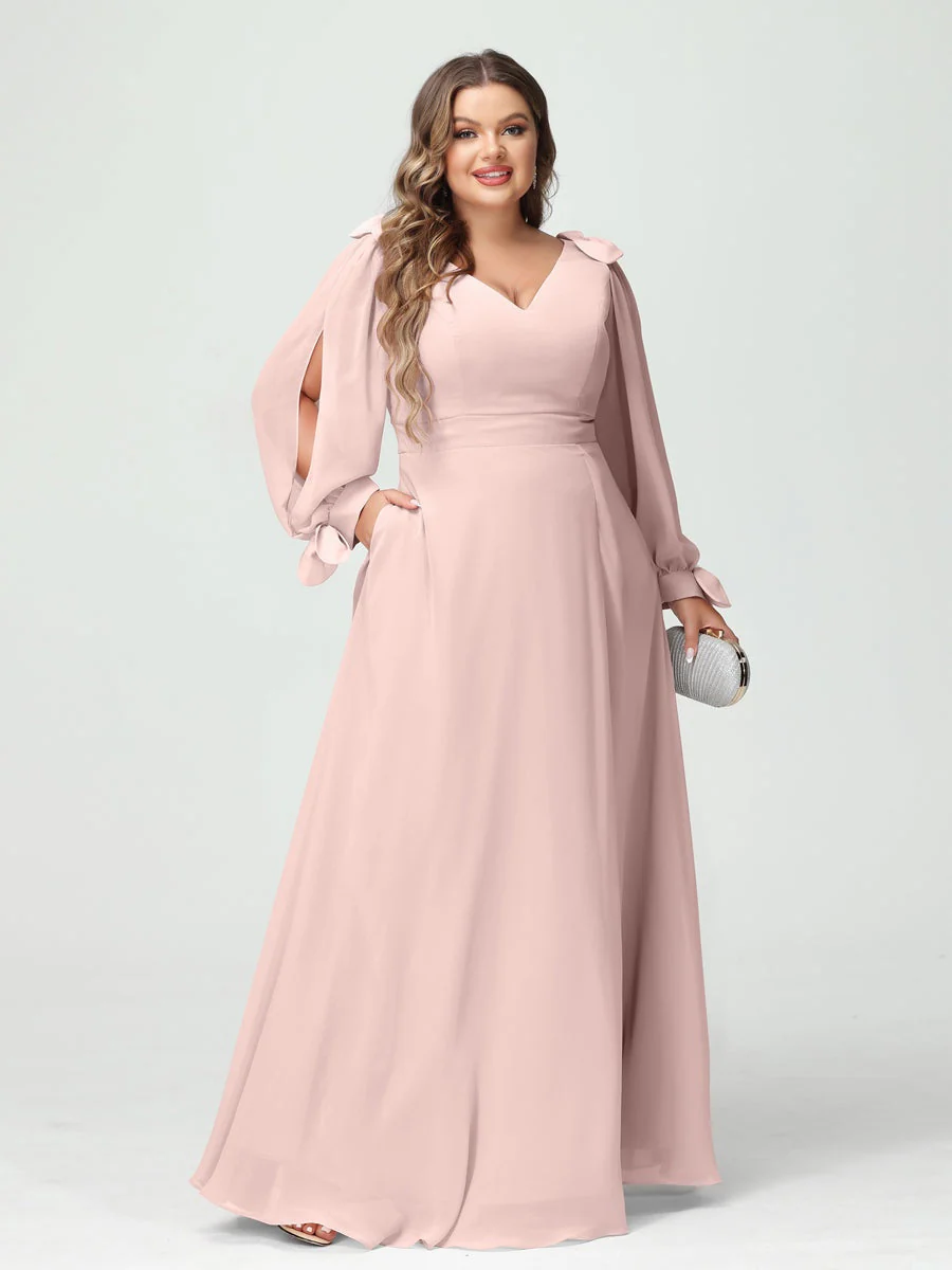 A-Line/Princess V-Neck Long Sleeves Chiffon Split Side Plus Size Bridesmaid Dresses with Pockets - Image 25