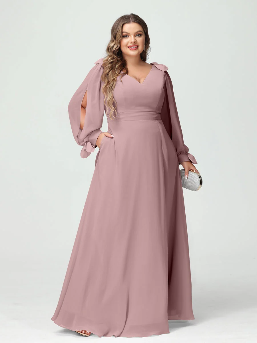 A-Line/Princess V-Neck Long Sleeves Chiffon Split Side Plus Size Bridesmaid Dresses with Pockets - Image 29