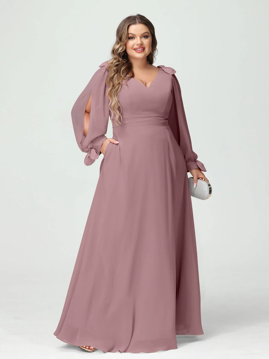 A-Line/Princess V-Neck Long Sleeves Chiffon Split Side Plus Size Bridesmaid Dresses with Pockets - Image 30