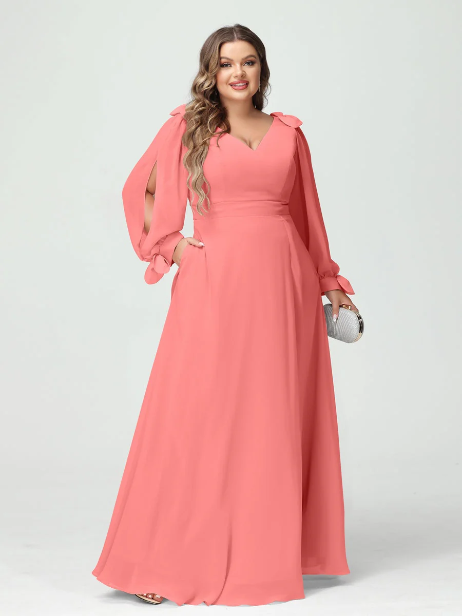 A-Line/Princess V-Neck Long Sleeves Chiffon Split Side Plus Size Bridesmaid Dresses with Pockets - Image 31