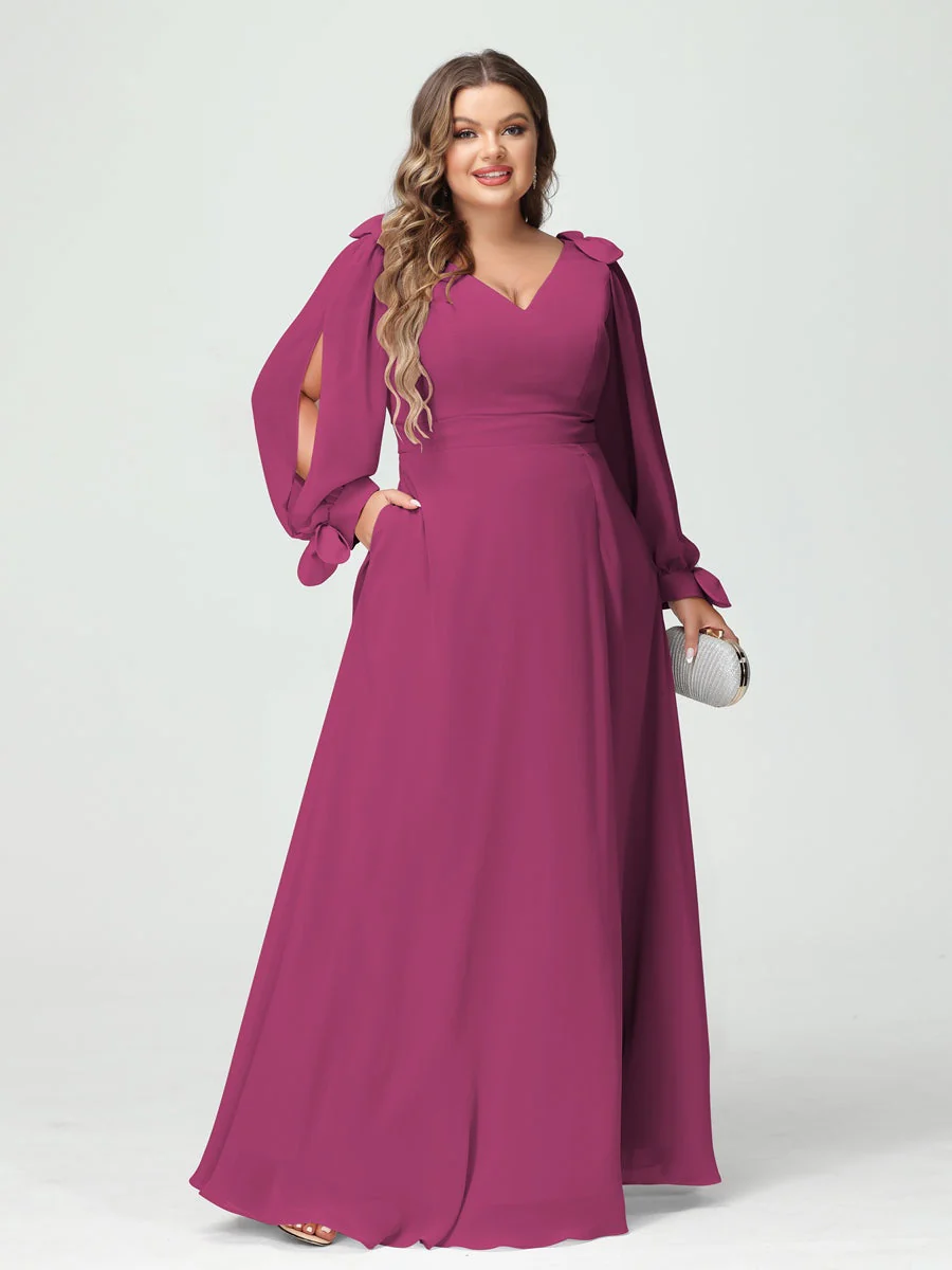 A-Line/Princess V-Neck Long Sleeves Chiffon Split Side Plus Size Bridesmaid Dresses with Pockets - Image 34