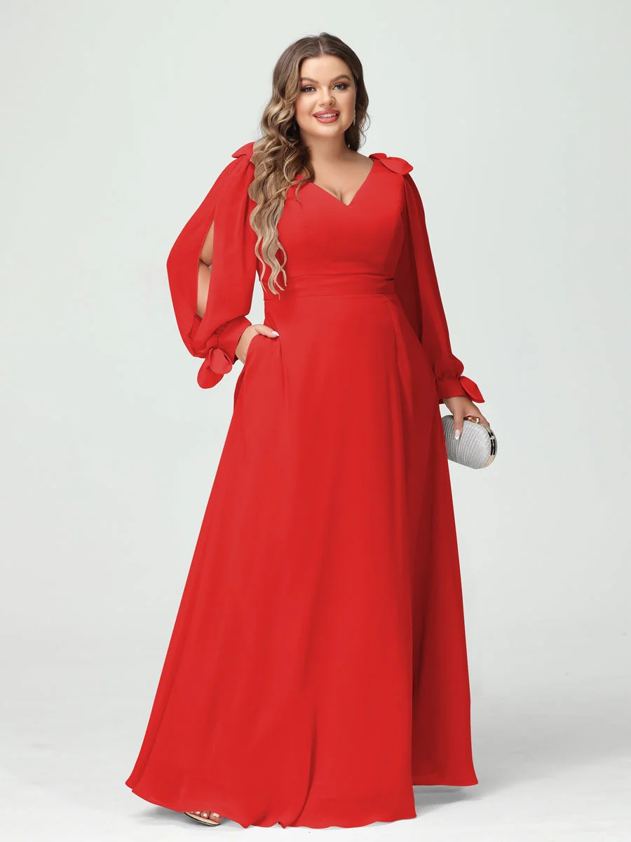 A-Line/Princess V-Neck Long Sleeves Chiffon Split Side Plus Size Bridesmaid Dresses with Pockets - Image 35