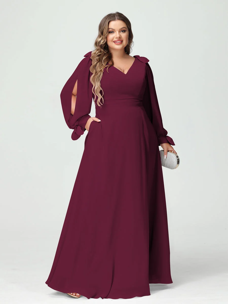 A-Line/Princess V-Neck Long Sleeves Chiffon Split Side Plus Size Bridesmaid Dresses with Pockets - Image 37