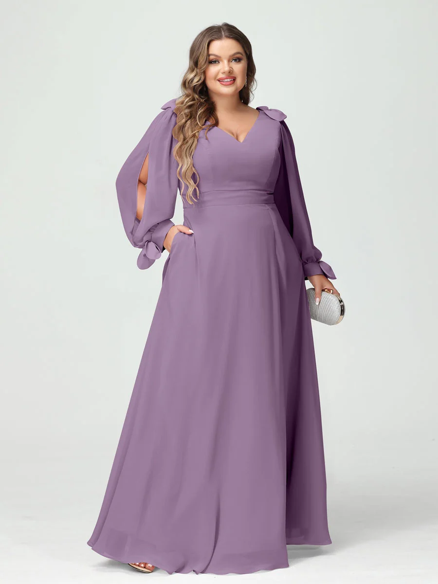 A-Line/Princess V-Neck Long Sleeves Chiffon Split Side Plus Size Bridesmaid Dresses with Pockets - Image 39