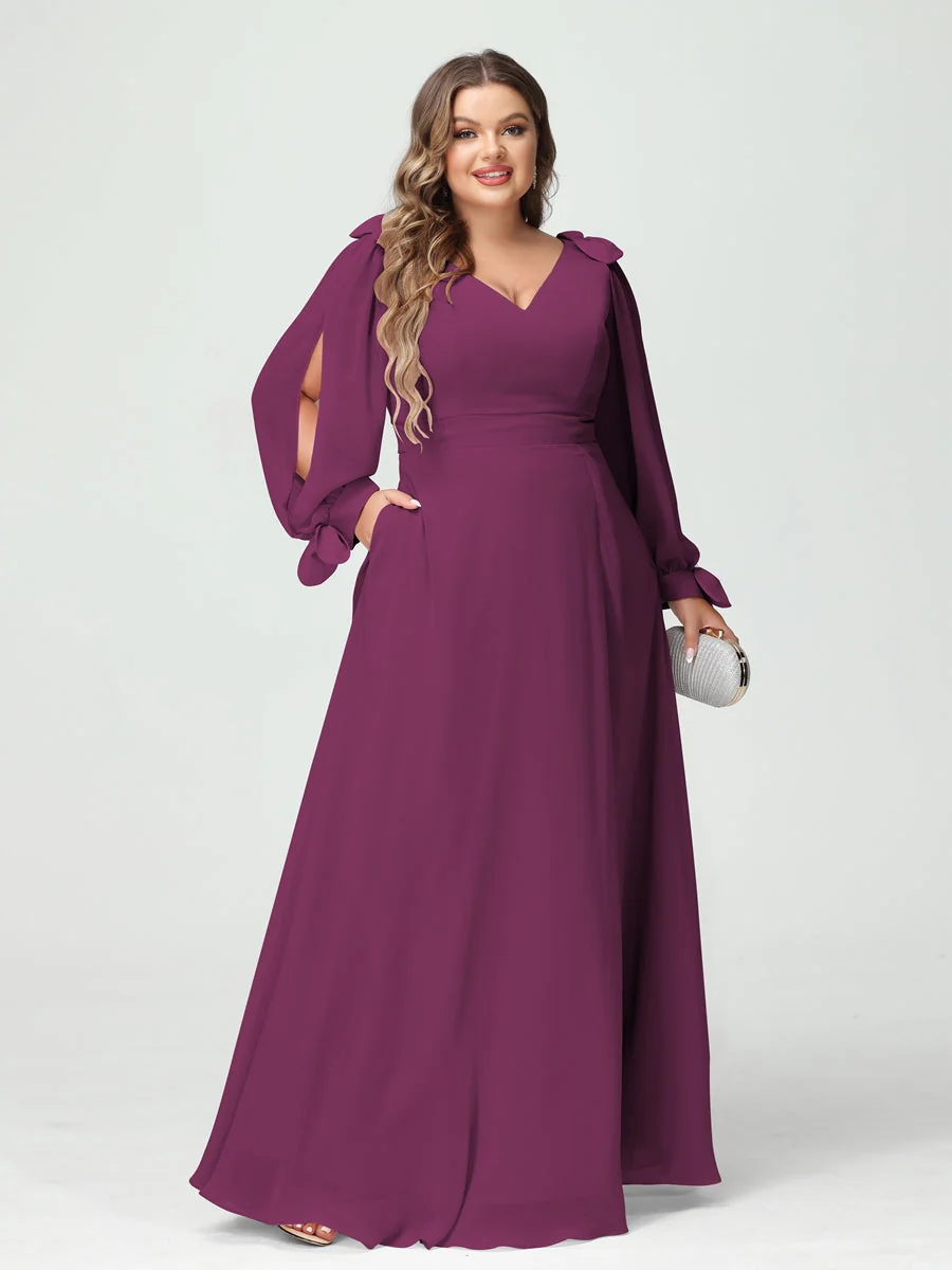 A-Line/Princess V-Neck Long Sleeves Chiffon Split Side Plus Size Bridesmaid Dresses with Pockets - Image 43