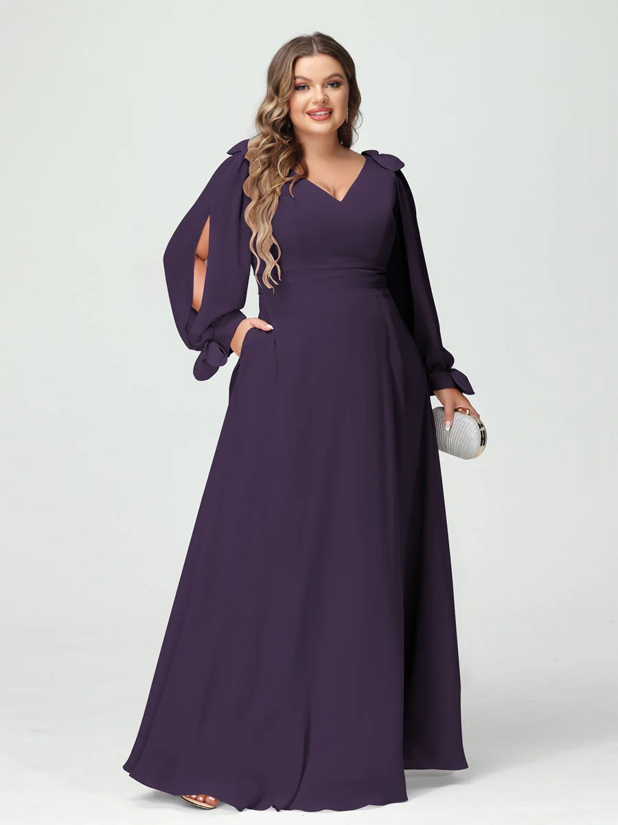 A-Line/Princess V-Neck Long Sleeves Chiffon Split Side Plus Size Bridesmaid Dresses with Pockets - Image 44