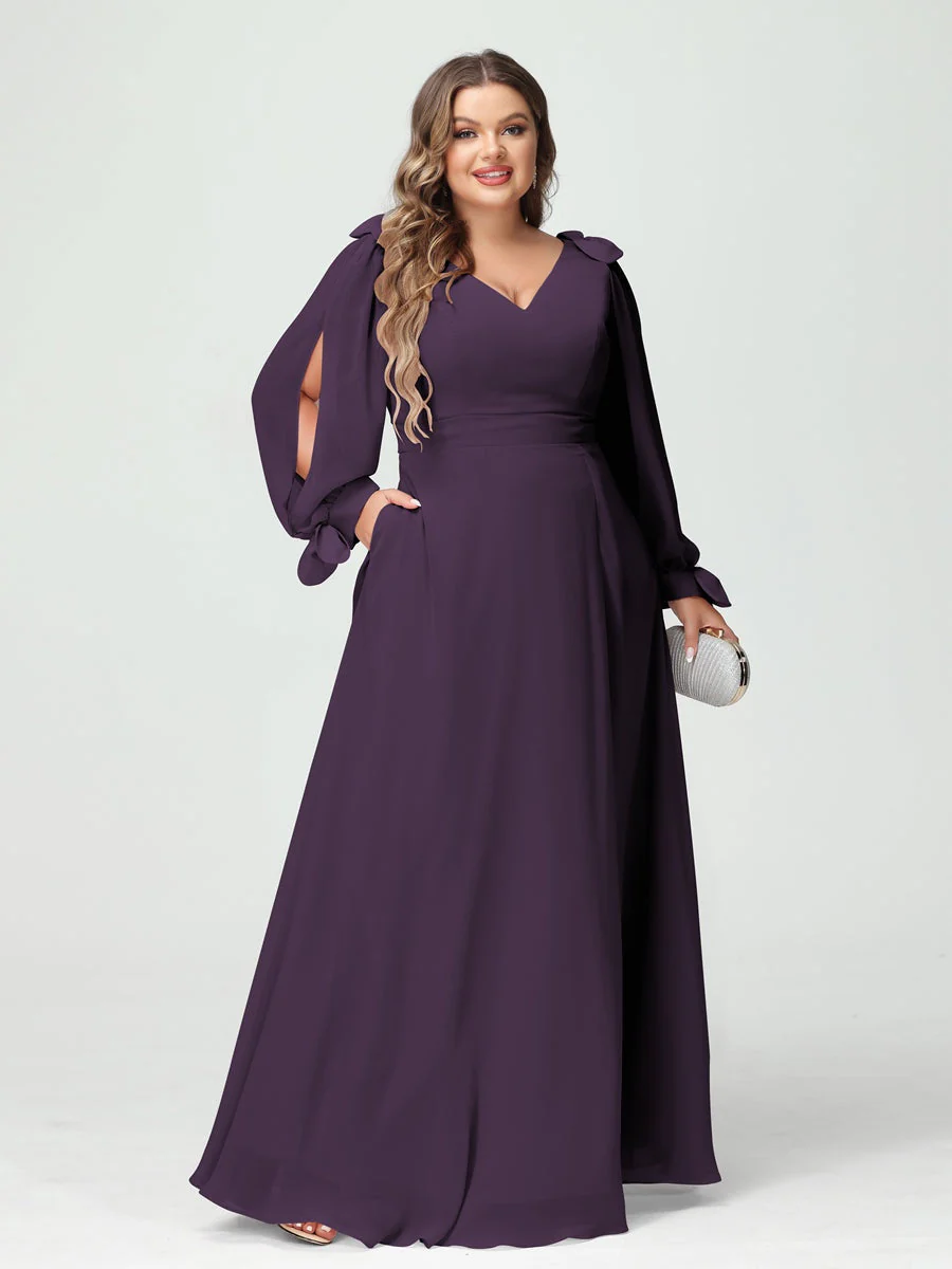 A-Line/Princess V-Neck Long Sleeves Chiffon Split Side Plus Size Bridesmaid Dresses with Pockets - Image 45