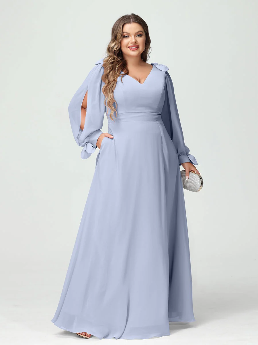 A-Line/Princess V-Neck Long Sleeves Chiffon Split Side Plus Size Bridesmaid Dresses with Pockets - Image 47
