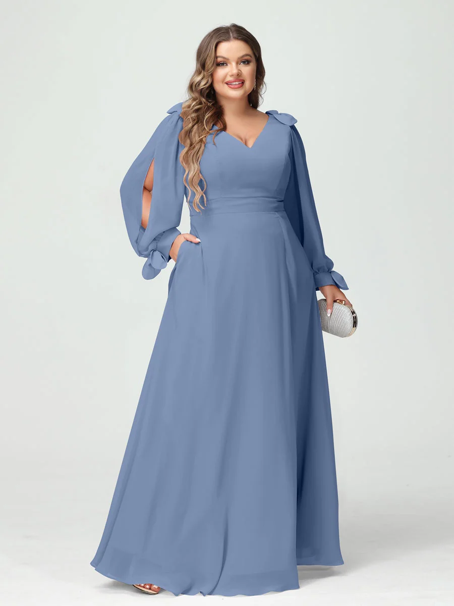A-Line/Princess V-Neck Long Sleeves Chiffon Split Side Plus Size Bridesmaid Dresses with Pockets - Image 50