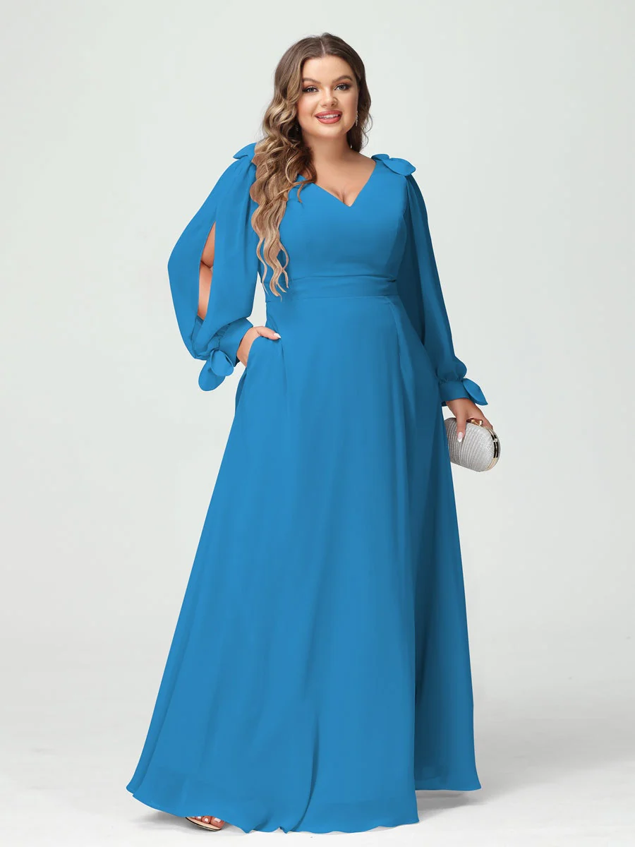 A-Line/Princess V-Neck Long Sleeves Chiffon Split Side Plus Size Bridesmaid Dresses with Pockets - Image 52