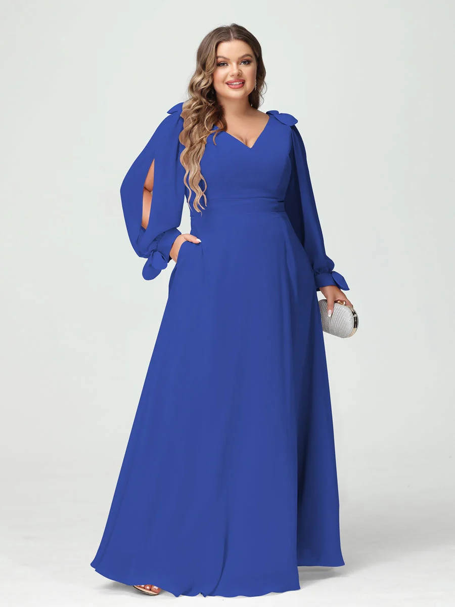 A-Line/Princess V-Neck Long Sleeves Chiffon Split Side Plus Size Bridesmaid Dresses with Pockets - Image 53