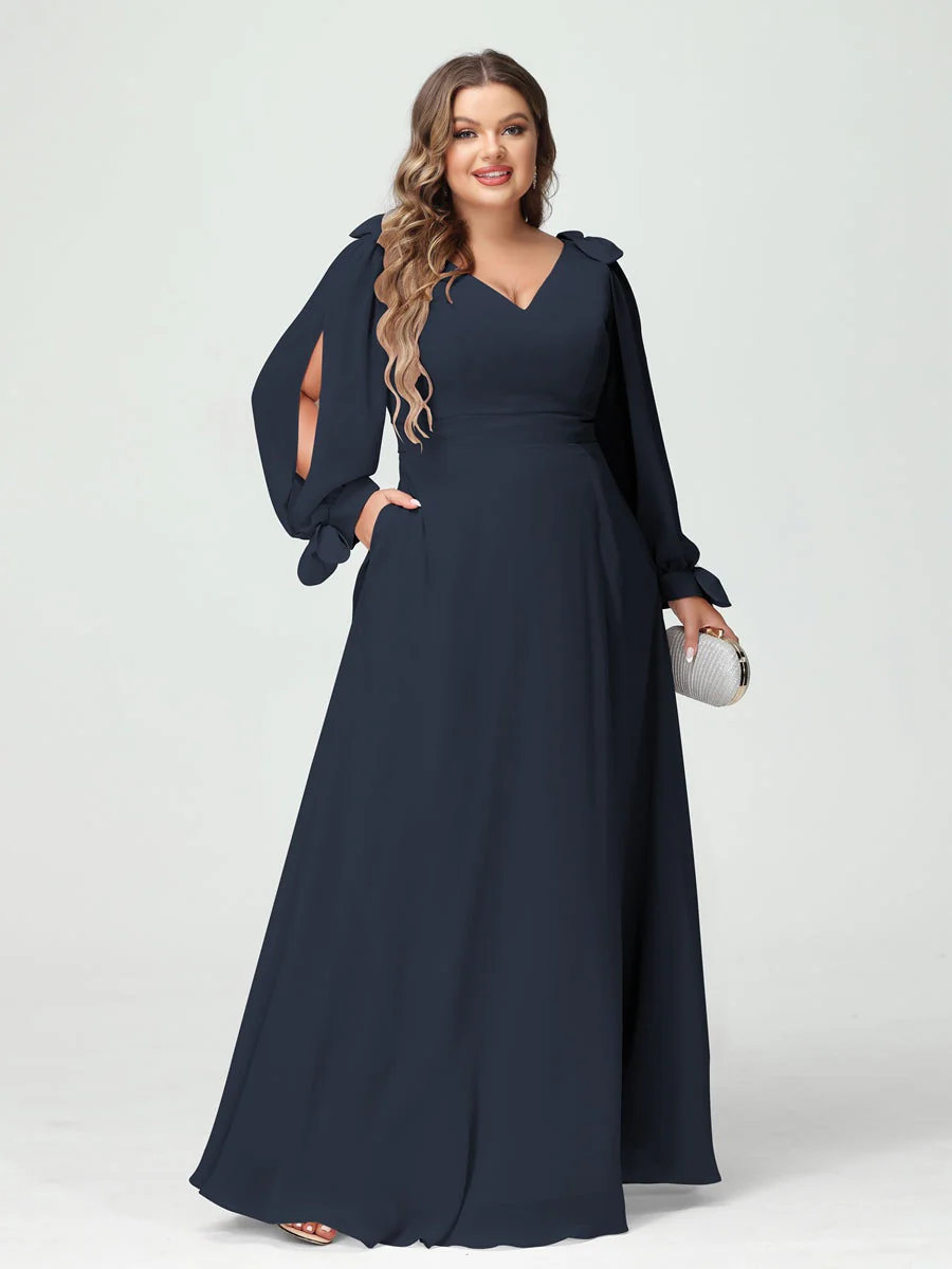 A-Line/Princess V-Neck Long Sleeves Chiffon Split Side Plus Size Bridesmaid Dresses with Pockets - Image 58