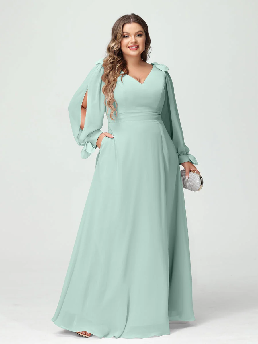 A-Line/Princess V-Neck Long Sleeves Chiffon Split Side Plus Size Bridesmaid Dresses with Pockets - Image 59