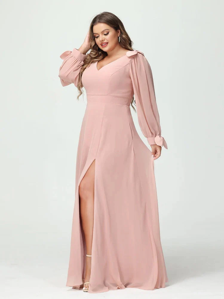 A-Line/Princess V-Neck Long Sleeves Chiffon Split Side Plus Size Bridesmaid Dresses with Pockets - Image 6
