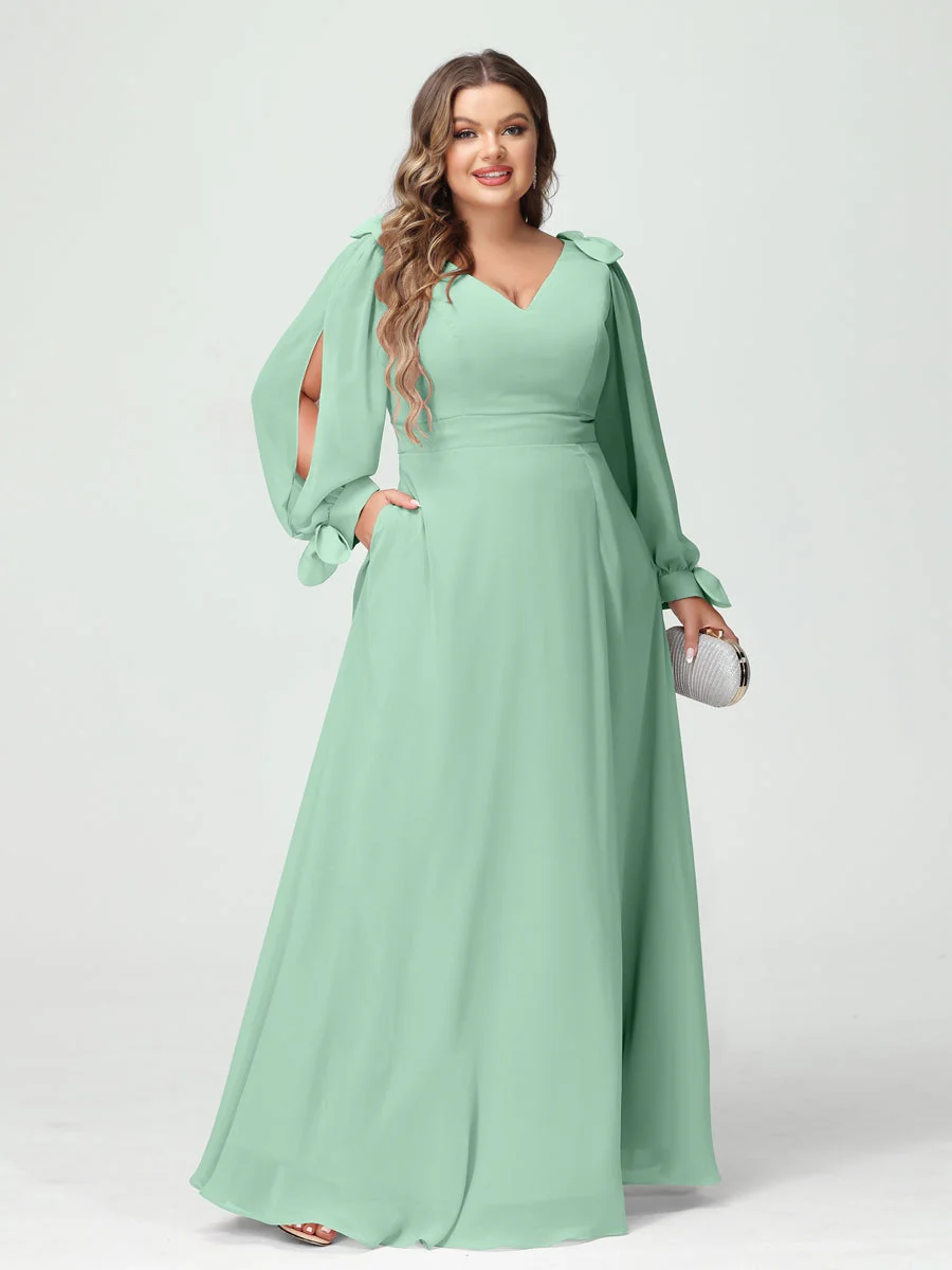A-Line/Princess V-Neck Long Sleeves Chiffon Split Side Plus Size Bridesmaid Dresses with Pockets - Image 60