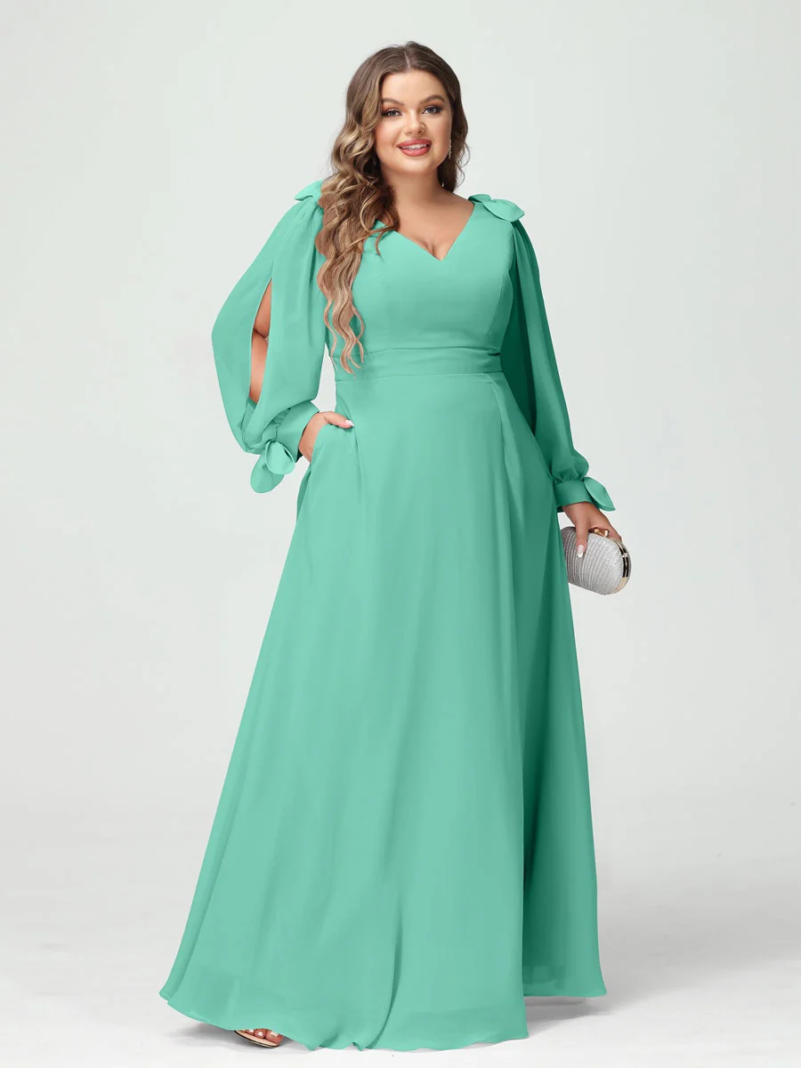 A-Line/Princess V-Neck Long Sleeves Chiffon Split Side Plus Size Bridesmaid Dresses with Pockets - Image 61