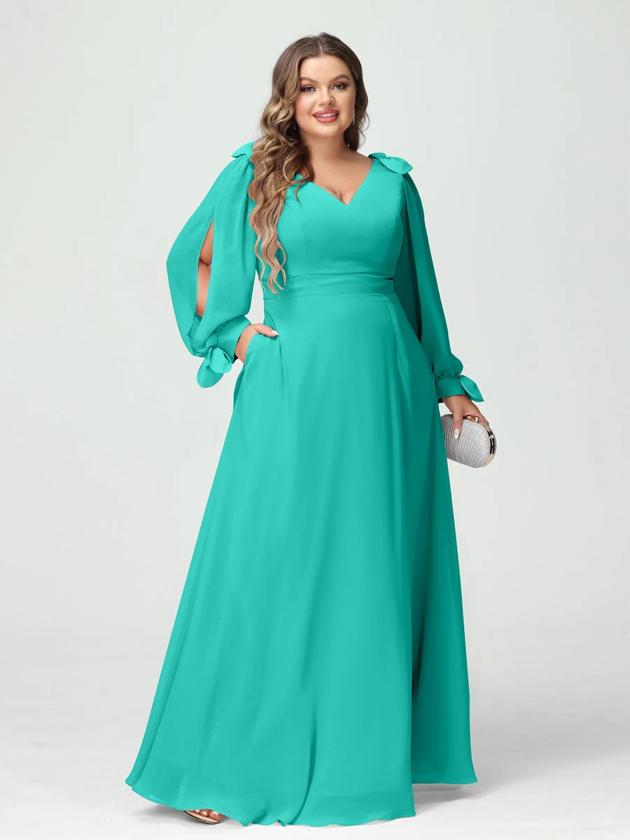 A-Line/Princess V-Neck Long Sleeves Chiffon Split Side Plus Size Bridesmaid Dresses with Pockets - Image 62