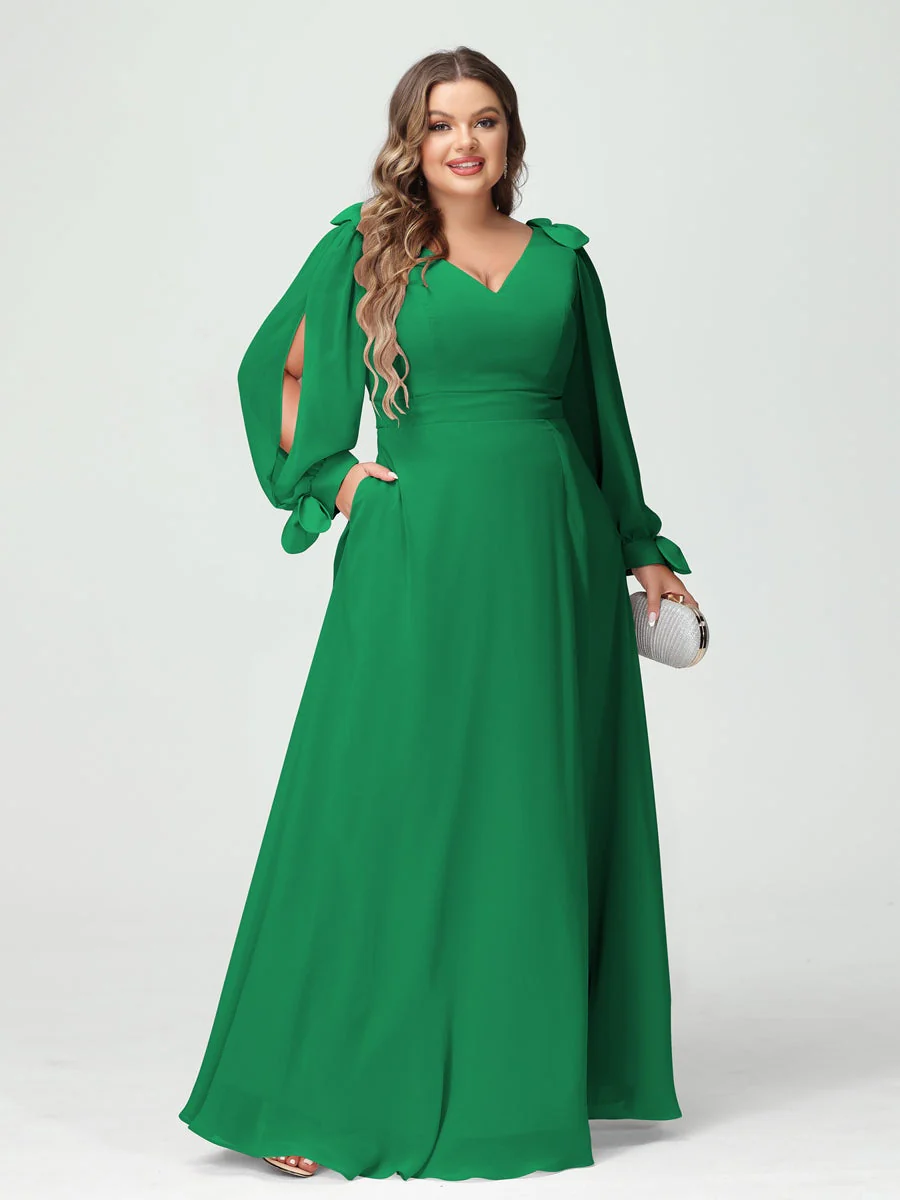 A-Line/Princess V-Neck Long Sleeves Chiffon Split Side Plus Size Bridesmaid Dresses with Pockets - Image 63
