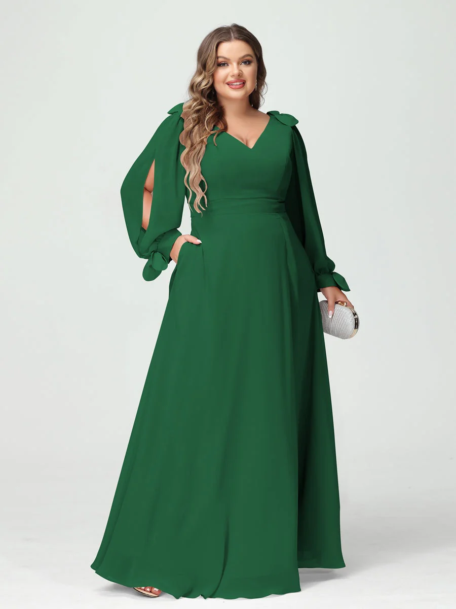 A-Line/Princess V-Neck Long Sleeves Chiffon Split Side Plus Size Bridesmaid Dresses with Pockets - Image 66