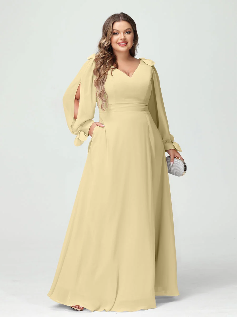 A-Line/Princess V-Neck Long Sleeves Chiffon Split Side Plus Size Bridesmaid Dresses with Pockets - Image 67