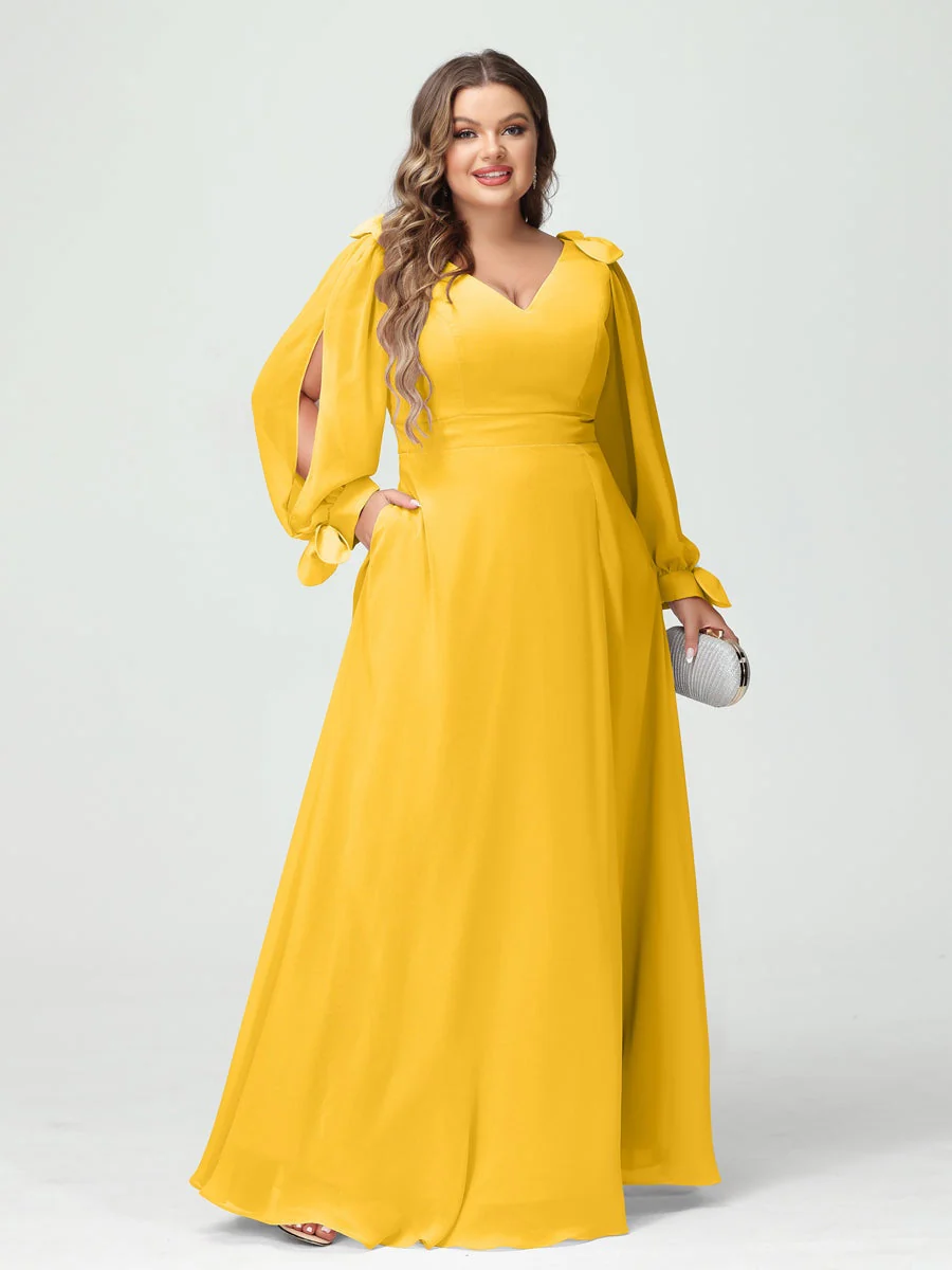 A-Line/Princess V-Neck Long Sleeves Chiffon Split Side Plus Size Bridesmaid Dresses with Pockets - Image 70