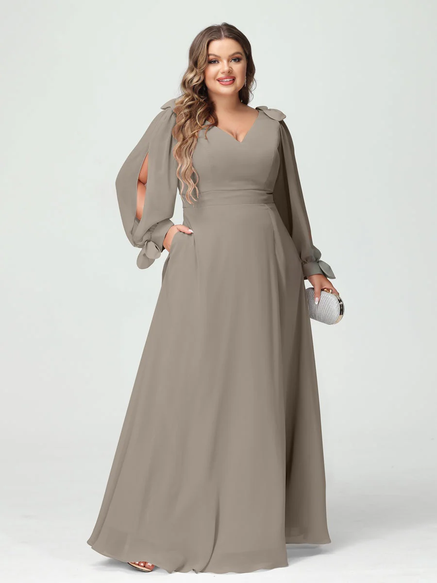 A-Line/Princess V-Neck Long Sleeves Chiffon Split Side Plus Size Bridesmaid Dresses with Pockets - Image 72