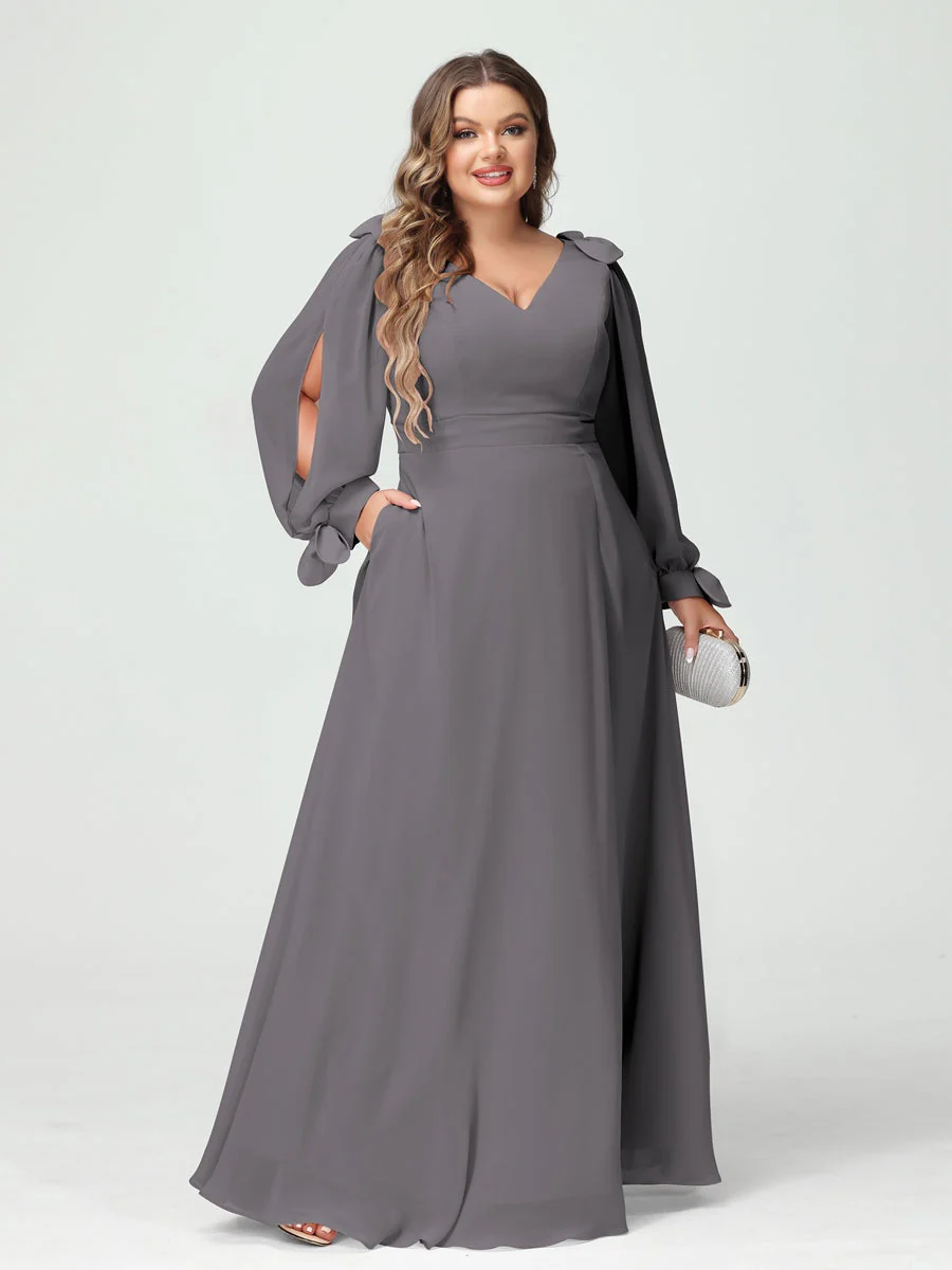A-Line/Princess V-Neck Long Sleeves Chiffon Split Side Plus Size Bridesmaid Dresses with Pockets - Image 73