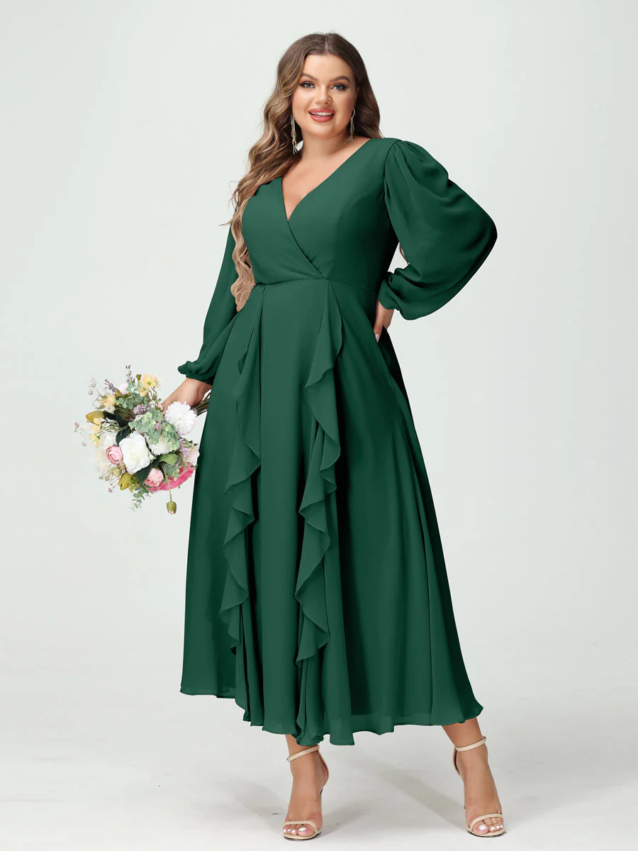 A-Line/Princess V-Neck Long Sleeves Chiffon Tea-Length Plus Size Bridesmaid Dresses with Pockets & Ruffles - Image 12
