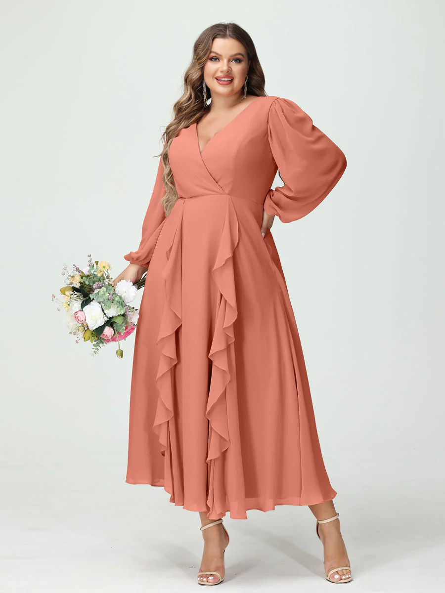 A-Line/Princess V-Neck Long Sleeves Chiffon Tea-Length Plus Size Bridesmaid Dresses with Pockets & Ruffles - Image 16