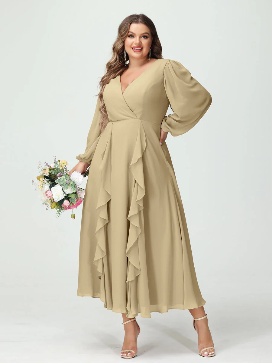 A-Line/Princess V-Neck Long Sleeves Chiffon Tea-Length Plus Size Bridesmaid Dresses with Pockets & Ruffles - Image 25