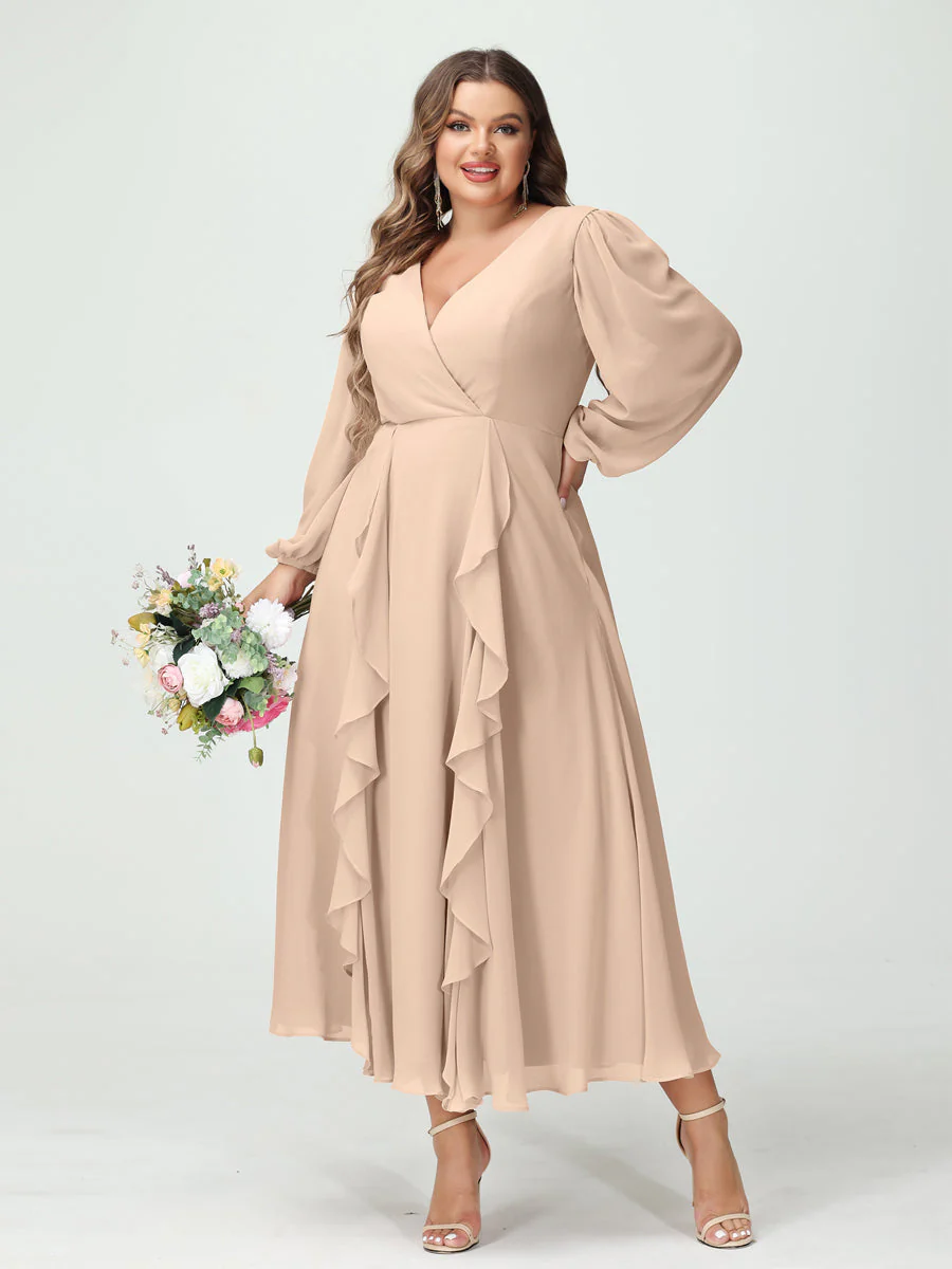 A-Line/Princess V-Neck Long Sleeves Chiffon Tea-Length Plus Size Bridesmaid Dresses with Pockets & Ruffles - Image 30