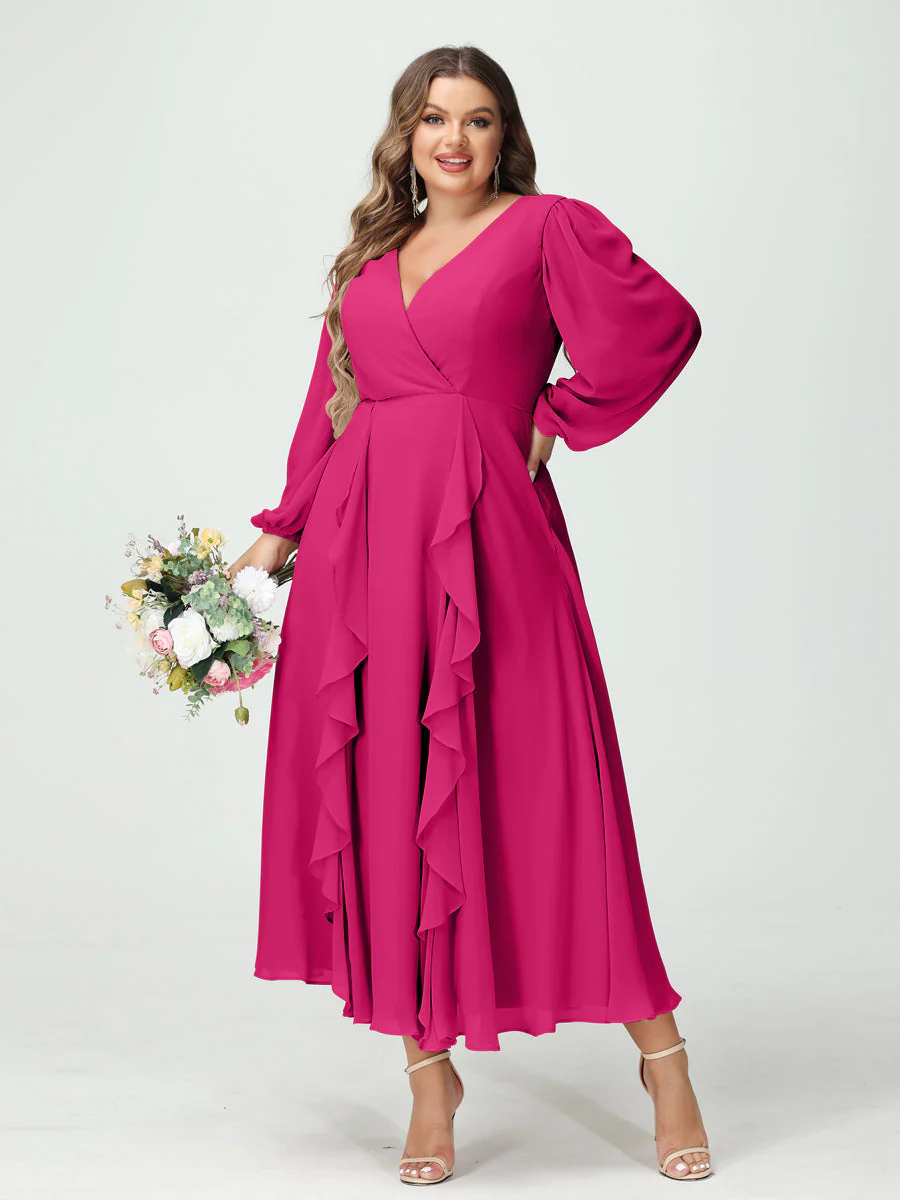 A-Line/Princess V-Neck Long Sleeves Chiffon Tea-Length Plus Size Bridesmaid Dresses with Pockets & Ruffles - Image 35