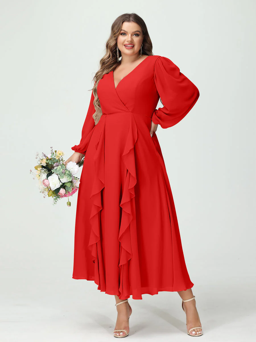 A-Line/Princess V-Neck Long Sleeves Chiffon Tea-Length Plus Size Bridesmaid Dresses with Pockets & Ruffles - Image 37