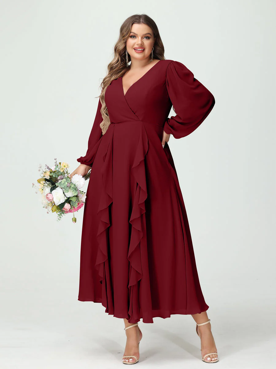 A-Line/Princess V-Neck Long Sleeves Chiffon Tea-Length Plus Size Bridesmaid Dresses with Pockets & Ruffles - Image 38