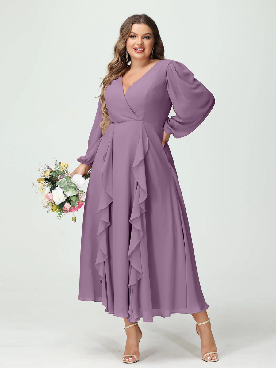 A-Line/Princess V-Neck Long Sleeves Chiffon Tea-Length Plus Size Bridesmaid Dresses with Pockets & Ruffles - Image 41