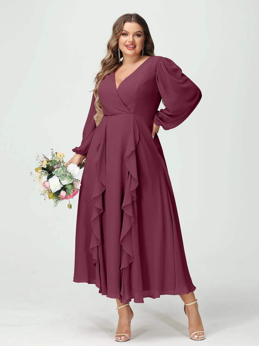 A-Line/Princess V-Neck Long Sleeves Chiffon Tea-Length Plus Size Bridesmaid Dresses with Pockets & Ruffles - Image 44