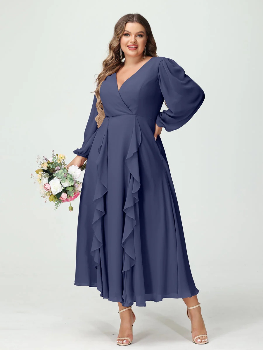 A-Line/Princess V-Neck Long Sleeves Chiffon Tea-Length Plus Size Bridesmaid Dresses with Pockets & Ruffles - Image 58