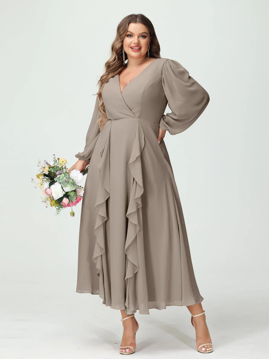 A-Line/Princess V-Neck Long Sleeves Chiffon Tea-Length Plus Size Bridesmaid Dresses with Pockets & Ruffles - Image 74