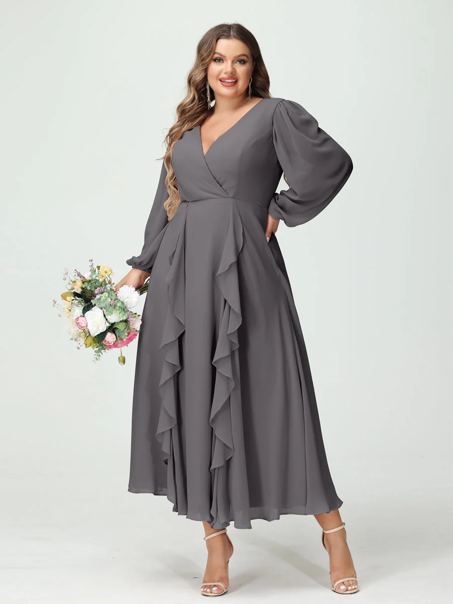 A-Line/Princess V-Neck Long Sleeves Chiffon Tea-Length Plus Size Bridesmaid Dresses with Pockets & Ruffles - Image 75