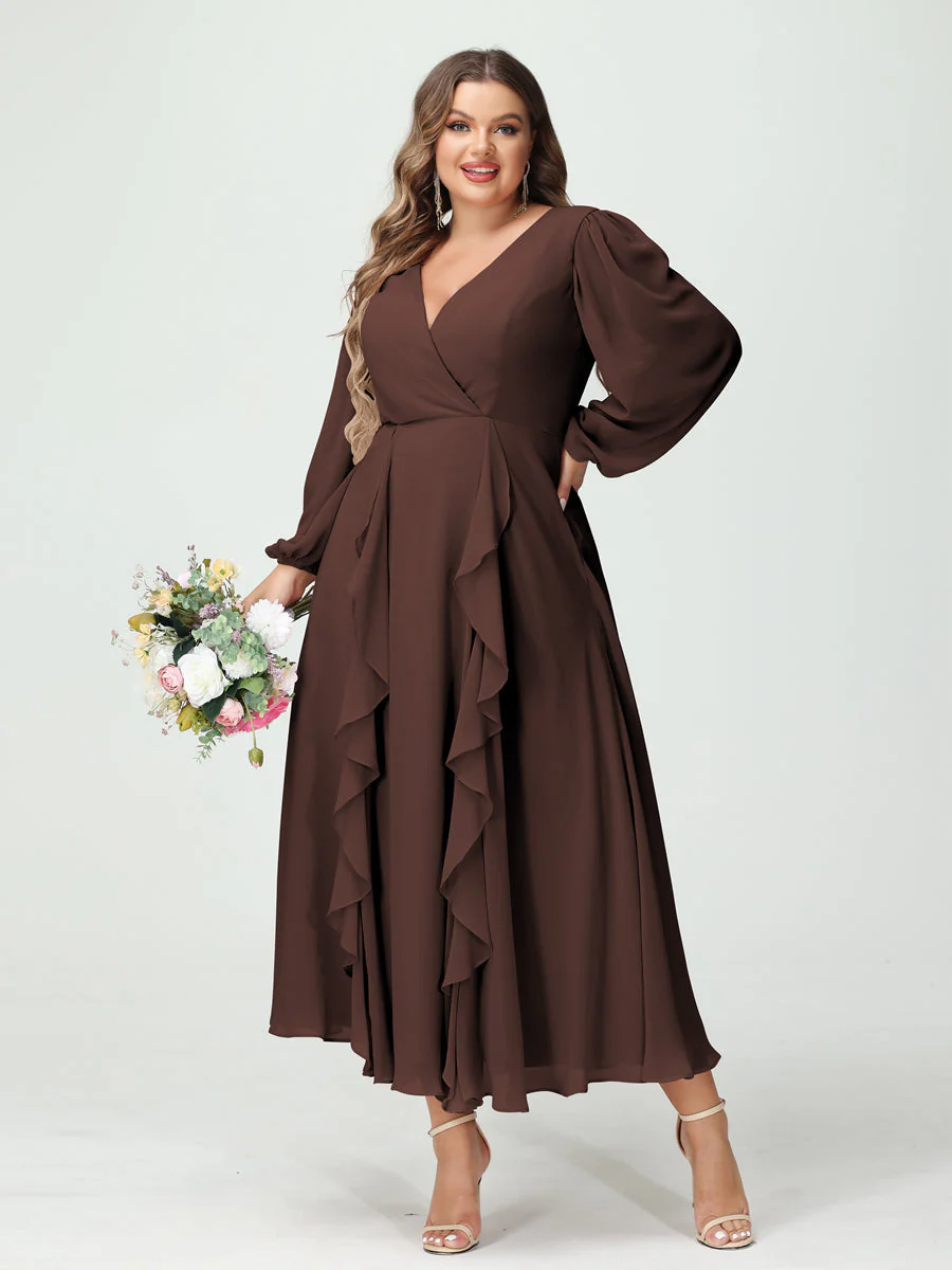 A-Line/Princess V-Neck Long Sleeves Chiffon Tea-Length Plus Size Bridesmaid Dresses with Pockets & Ruffles - Image 77