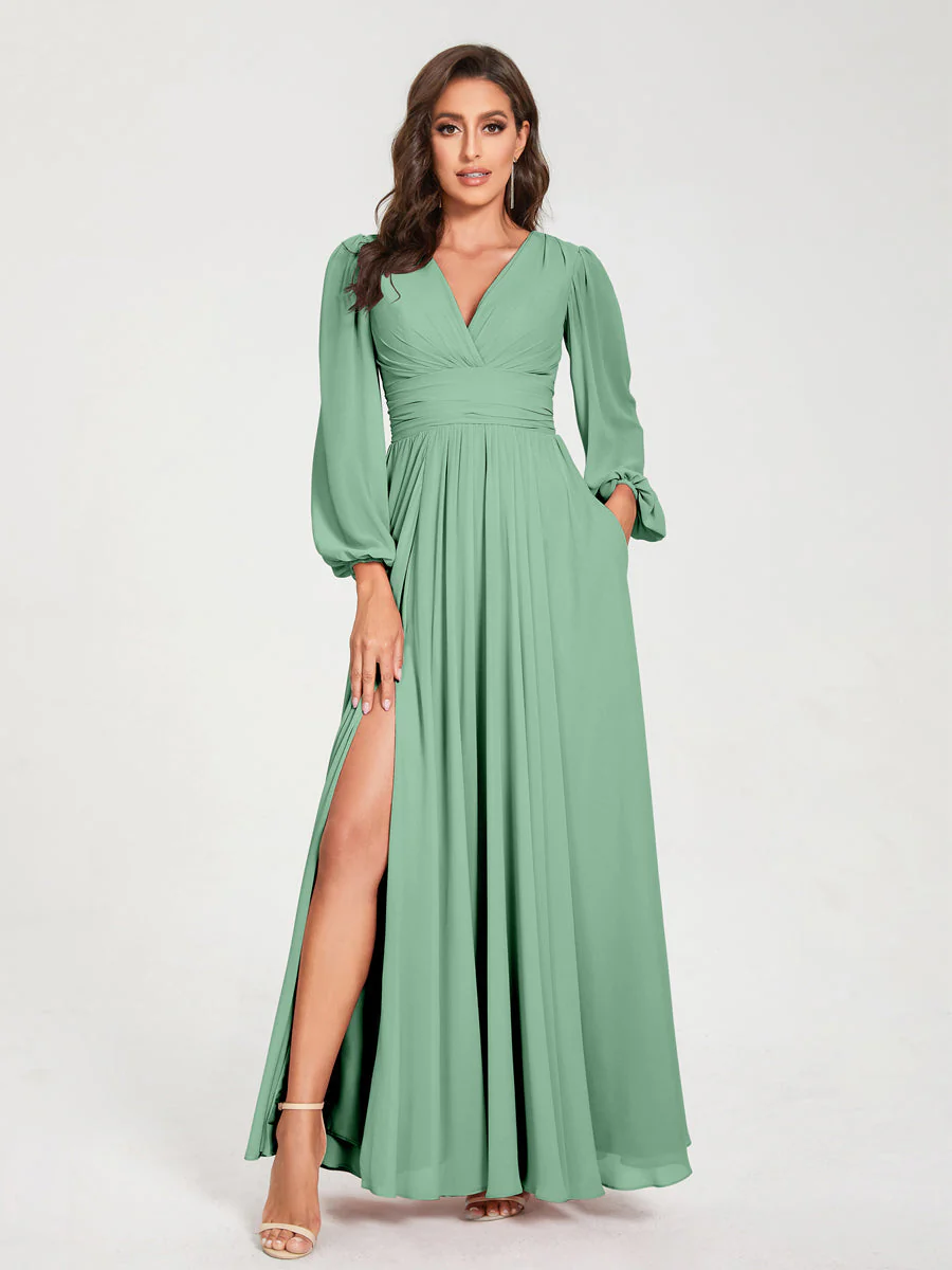 A-Line/Princess V-Neck Long Sleeves Floor-Length Bridesmaid Dresses with Pockets & Split Side - Image 18