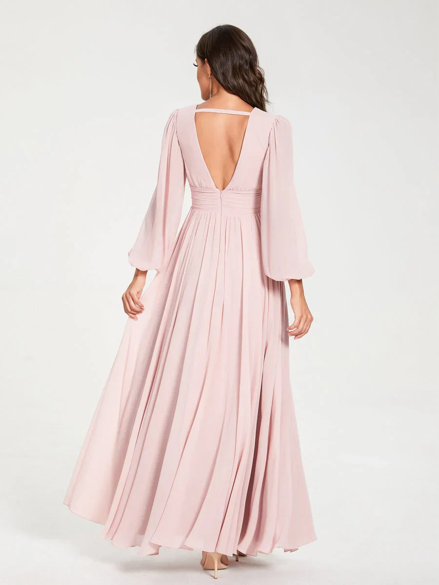 A-Line/Princess V-Neck Long Sleeves Floor-Length Bridesmaid Dresses with Pockets & Split Side - Image 2