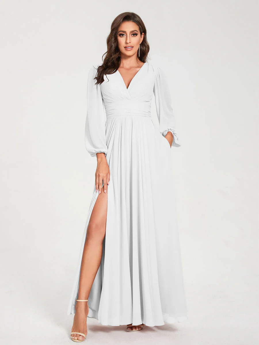A-Line/Princess V-Neck Long Sleeves Floor-Length Bridesmaid Dresses with Pockets & Split Side - Image 21