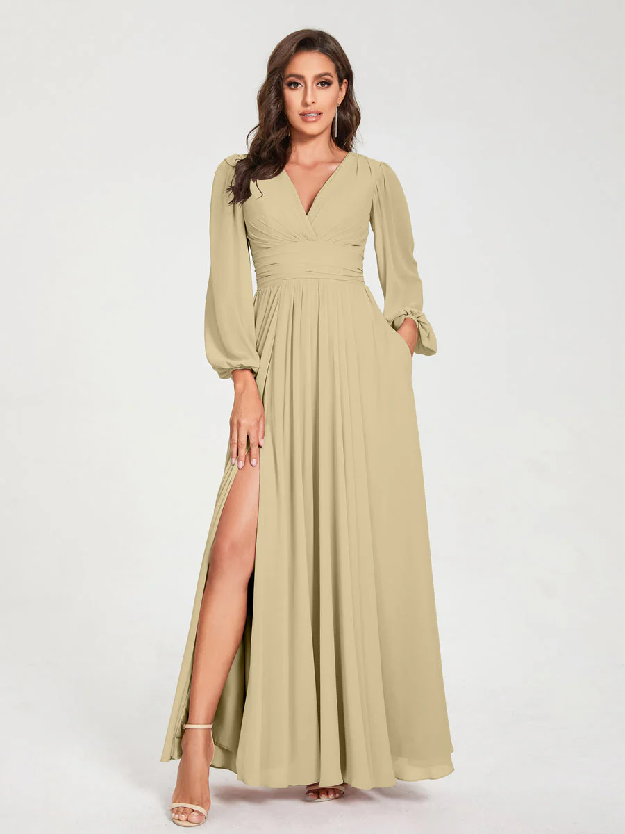 A-Line/Princess V-Neck Long Sleeves Floor-Length Bridesmaid Dresses with Pockets & Split Side - Image 25