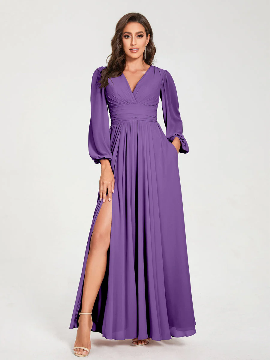 A-Line/Princess V-Neck Long Sleeves Floor-Length Bridesmaid Dresses with Pockets & Split Side - Image 42